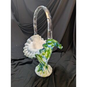 Fenton Murrhina Blue Green Aventurine Glass Handle Ruffle Basket 11" Vintage